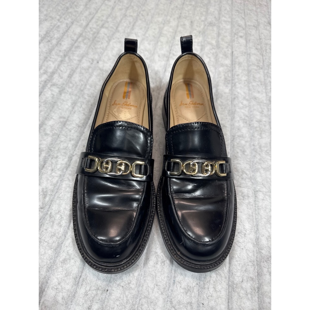 Sam Edelman Christy Black Leather Horsebit Loafers Womens Size 6 Gold Chain Slip